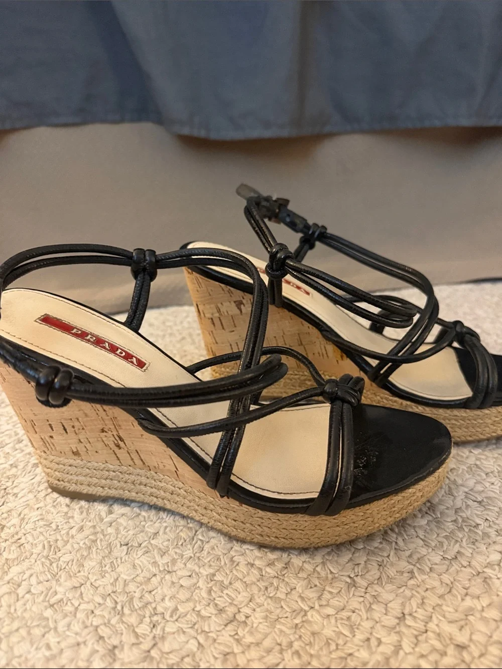Prada Black Leather Strappy Espadrille Wedge Sandals